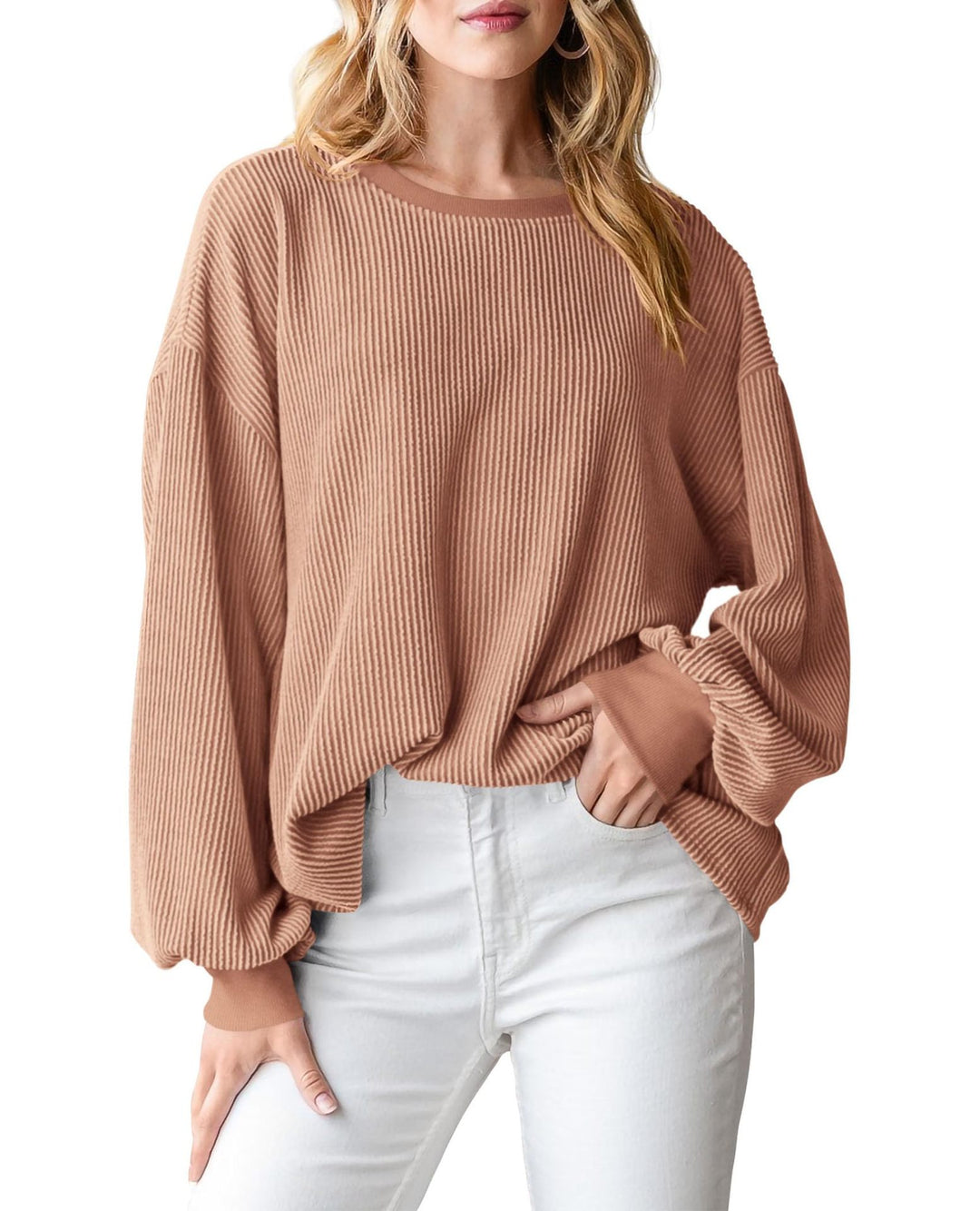Dame afslappet sweater med ribstruktur og voluminøse ærmer Stilla