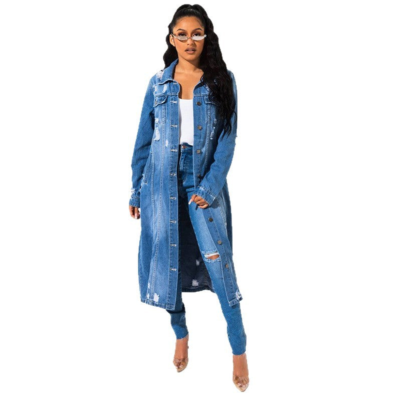 Dame lang Denim-frakke med modige Destroyed-detaljer Stilla