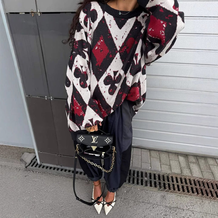 Dame oversized strik sweater med geometrisk mønster og flydende ærmer Stilla