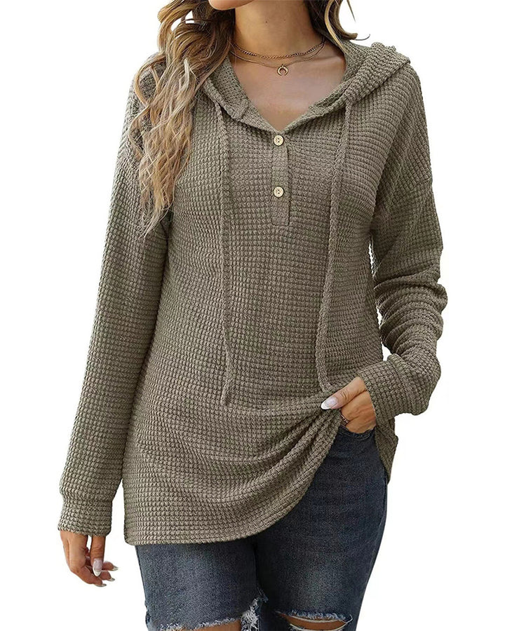 Dame afslappet vaffel-trøje med hætte og praktiske knapdetaljer Stilla