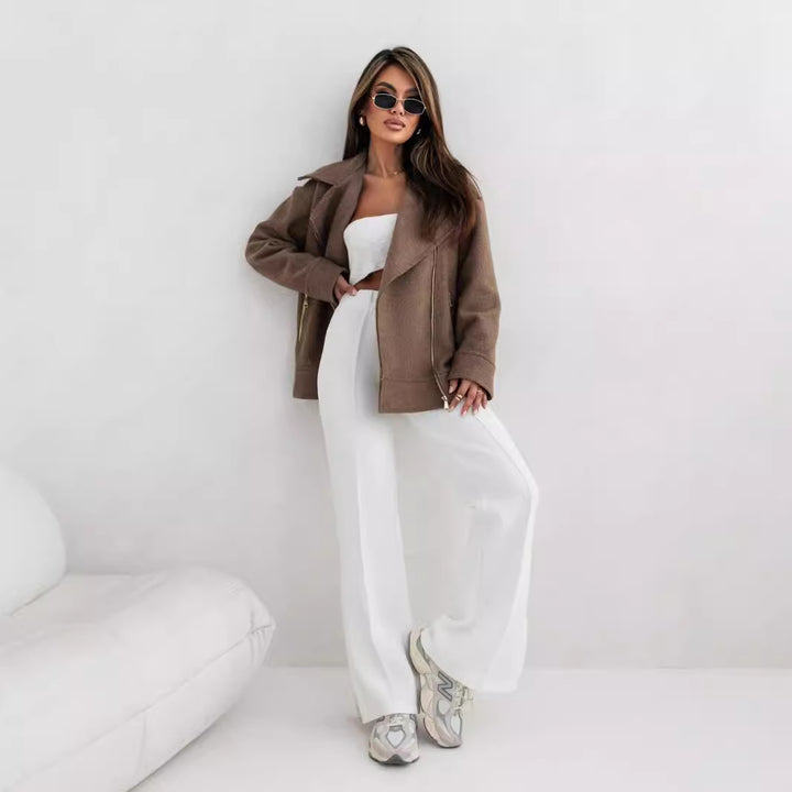 Damer elegant og varm uldjakke med asymmetrisk lynlås Stilla