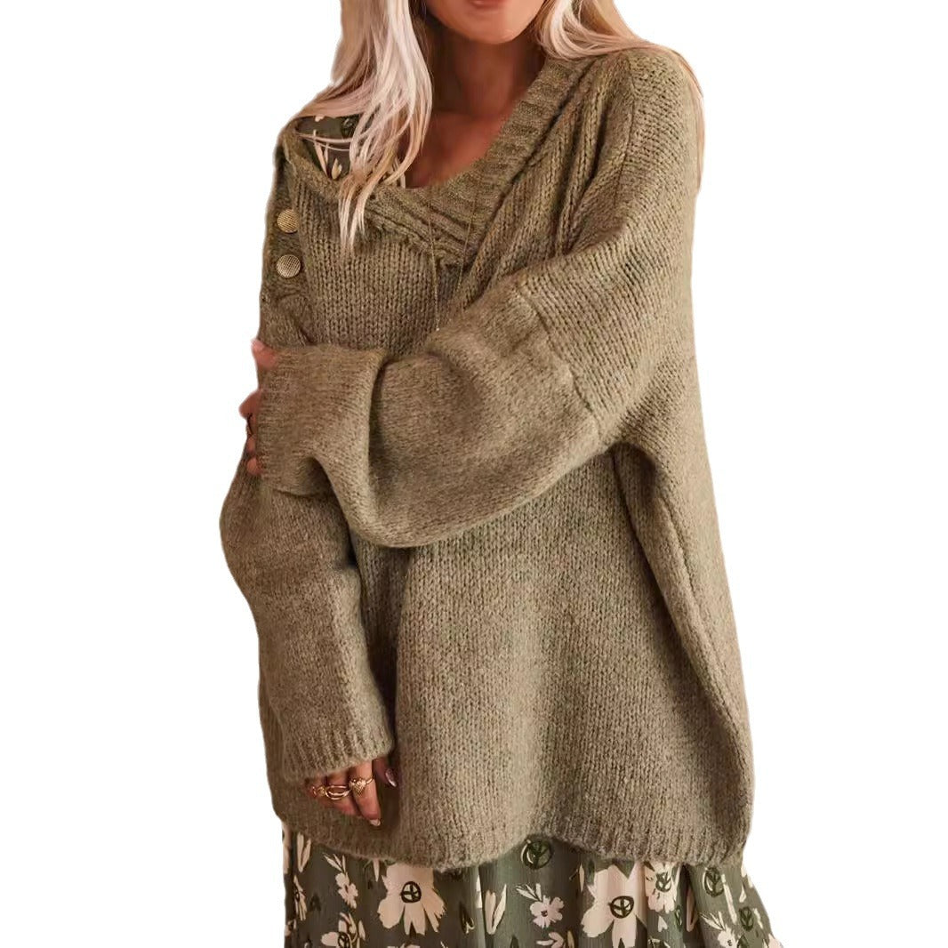 Dame Oversized Striktrøje med Høj Krave og Dekorative Knapper Stilla