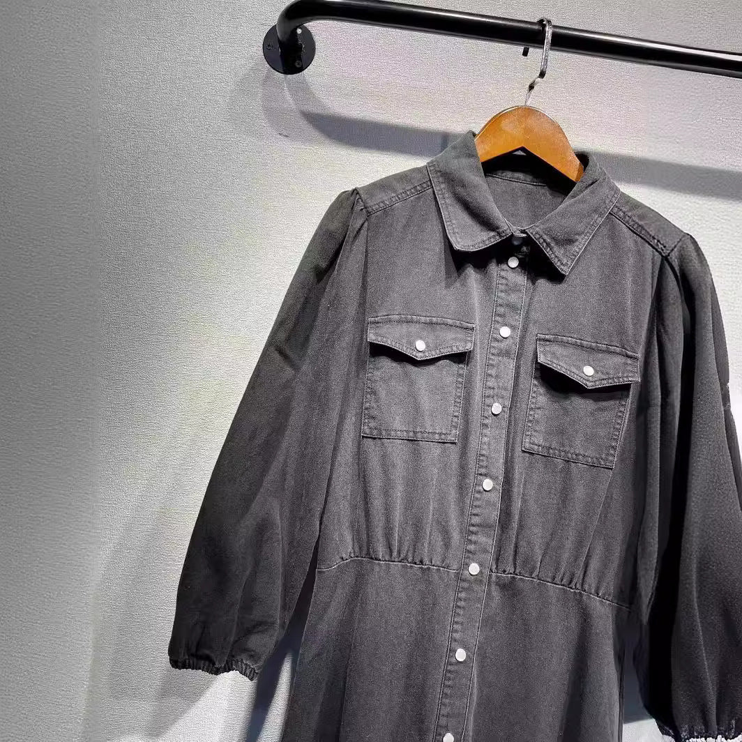Dame skjortekjole med detaljerede lommer og elegante puffærmer Stilla