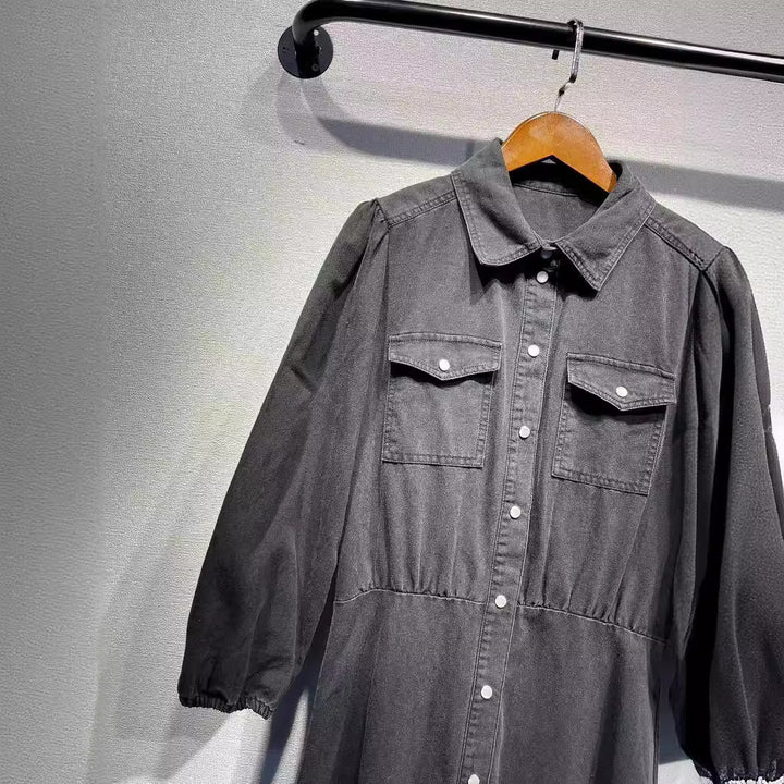 Dame skjortekjole med detaljerede lommer og elegante puffærmer Stilla