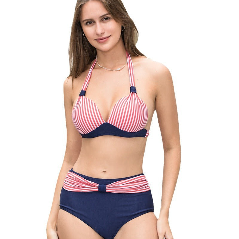 Dame høj talje bikini-sæt med elegante striber og modemæssig knude detalje Stilla