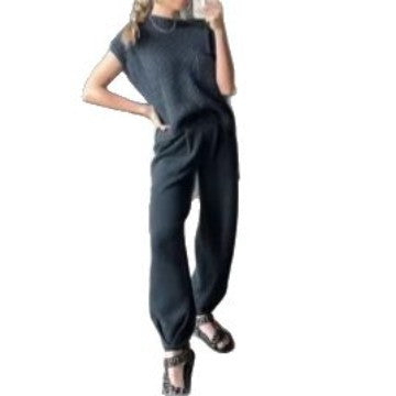 Dame Strik-Loungewear Sæt med cropped top og behagelige bukser Stilla