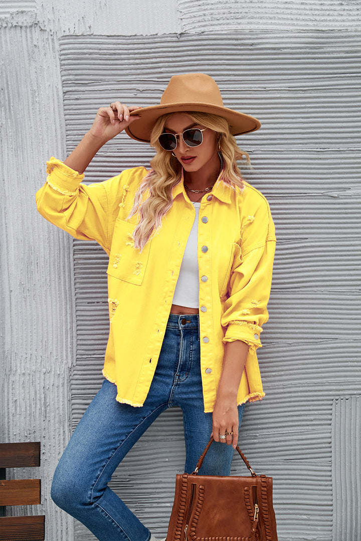 Dame Oversized Denim Jakke med frynset Detaljer og Knaprække Stilla