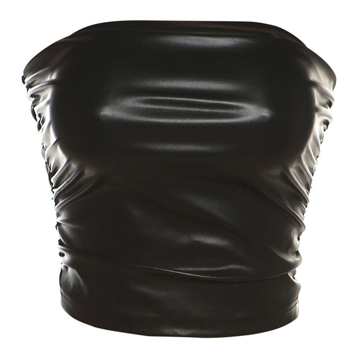 Dame off-shoulder top i glat kunstlæder med ruffle-detaljer Stilla