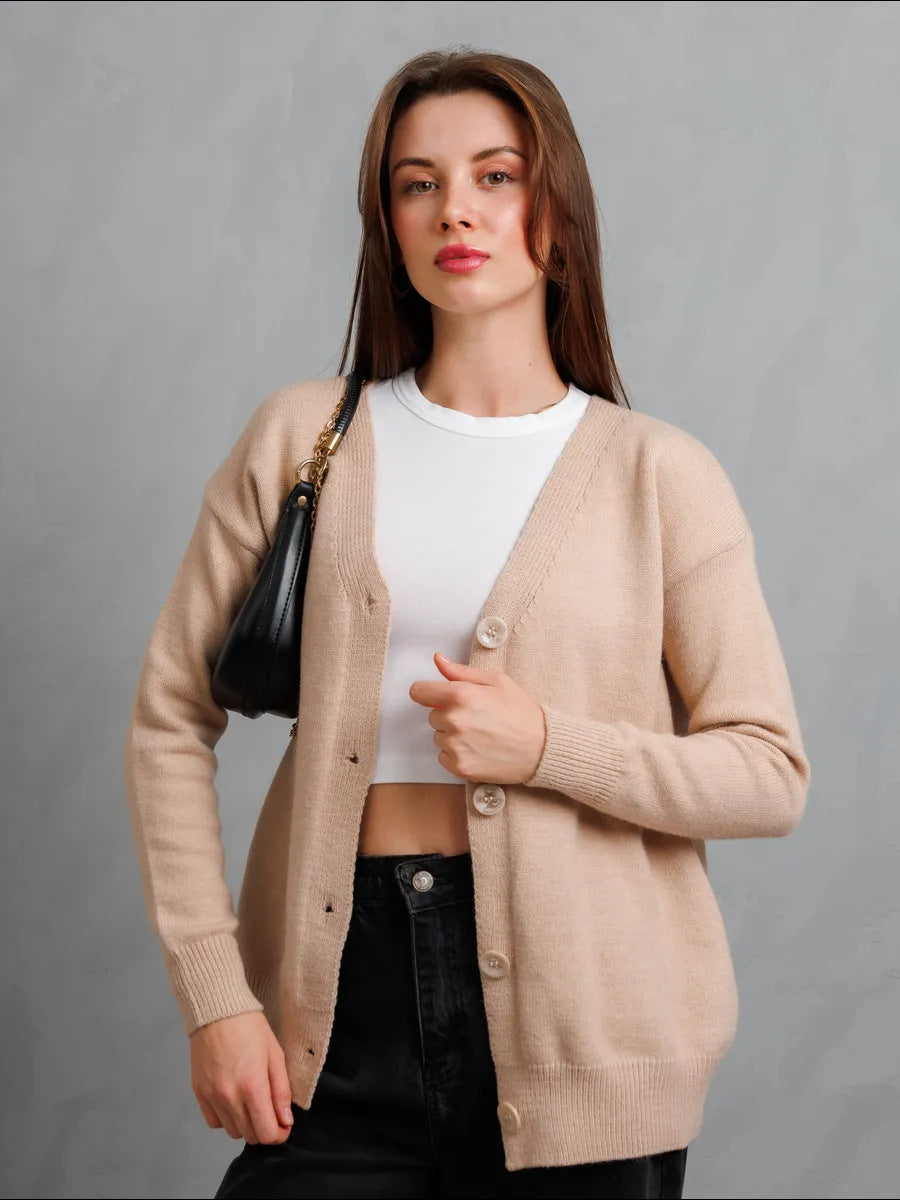 Dame cardigan med knapper og dyb V-hals Stilla