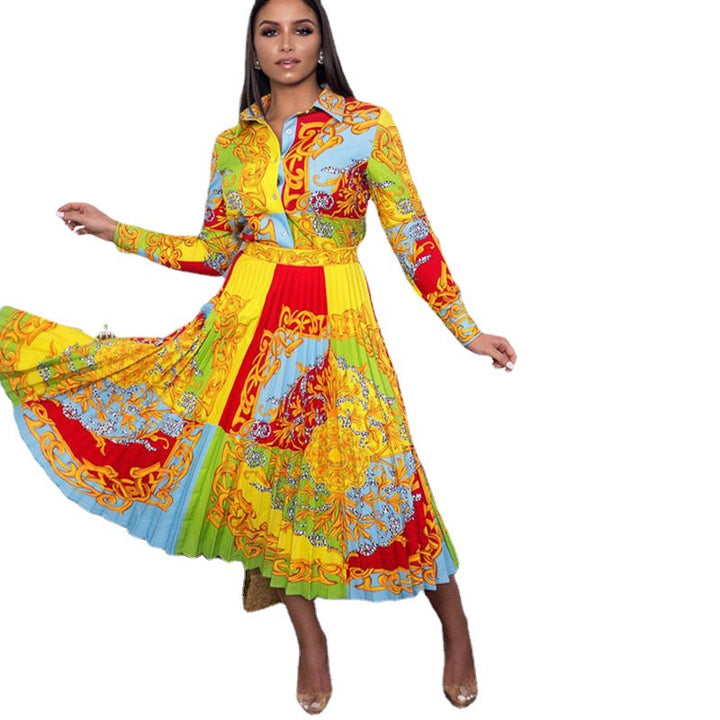 Dame Pliseret Maxi-Kjole med farverigt grafikdesign og elegant krave Stilla