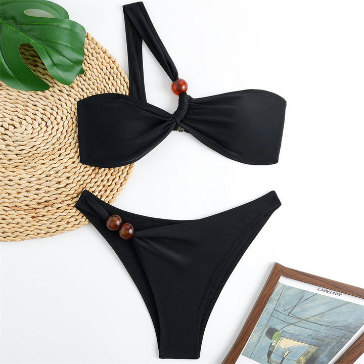 Dame Bikini-sæt med asymmetrisk Halter-neck og dekorative bukseknapper Skovae