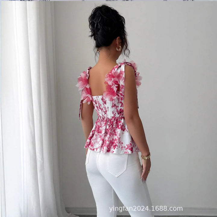 Dame Floral Peplum Bluse med Rüschendetails Stilla