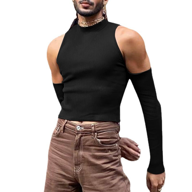 Unisex nan kort ribstrik-overdel med aftagelige armwarmer og skulderfri indsatser Skovae