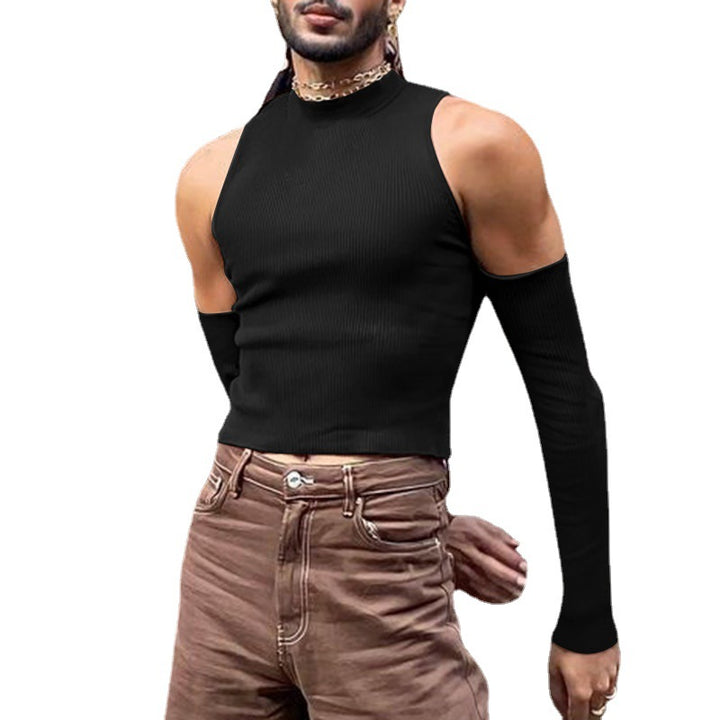Unisex nan kort ribstrik-overdel med aftagelige armwarmer og skulderfri indsatser Skovae