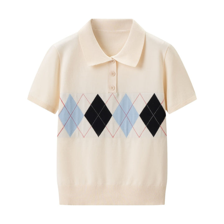 Dame polo shirt med moderne rhombemønster og fint bomuldsstof Skovae