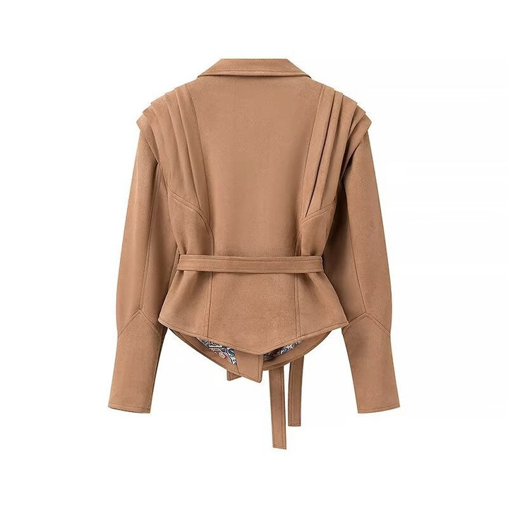 Kvinder Mode Suede Jakke med Bælte og Elegante Skulder Detaljer Stilla