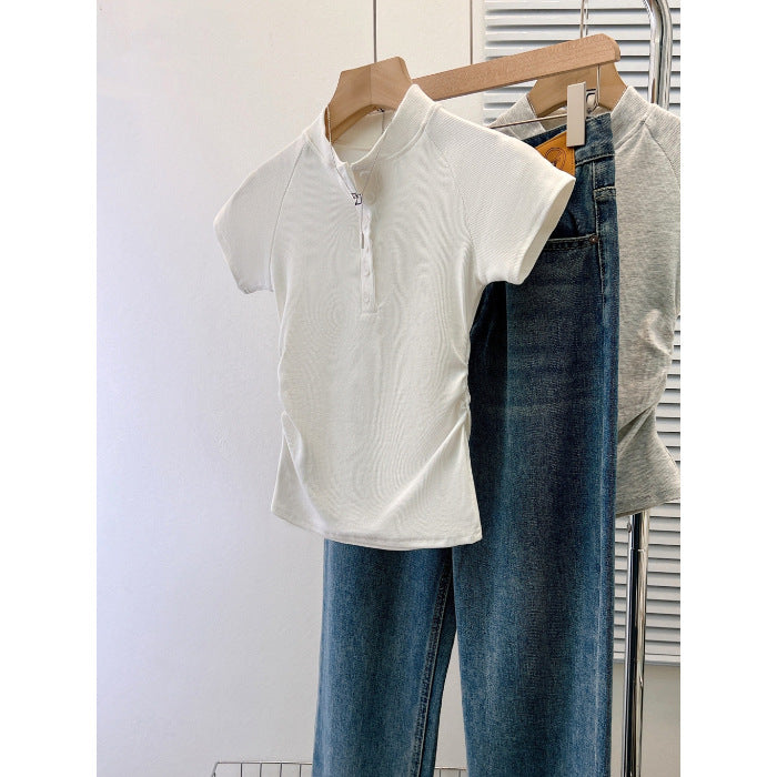 Femme Kortærmet Rynkning Henley Overdel med Knapdetalje Stilla