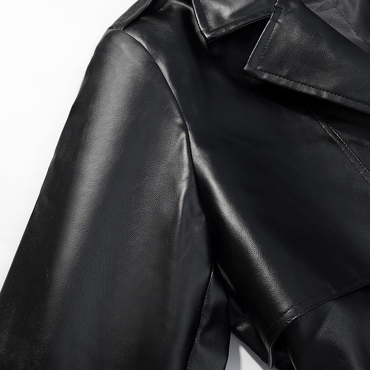 Damer Elegant Faux Læder Trench Coat med Stilfuld Bælte og Praktiske Lommer Stilla