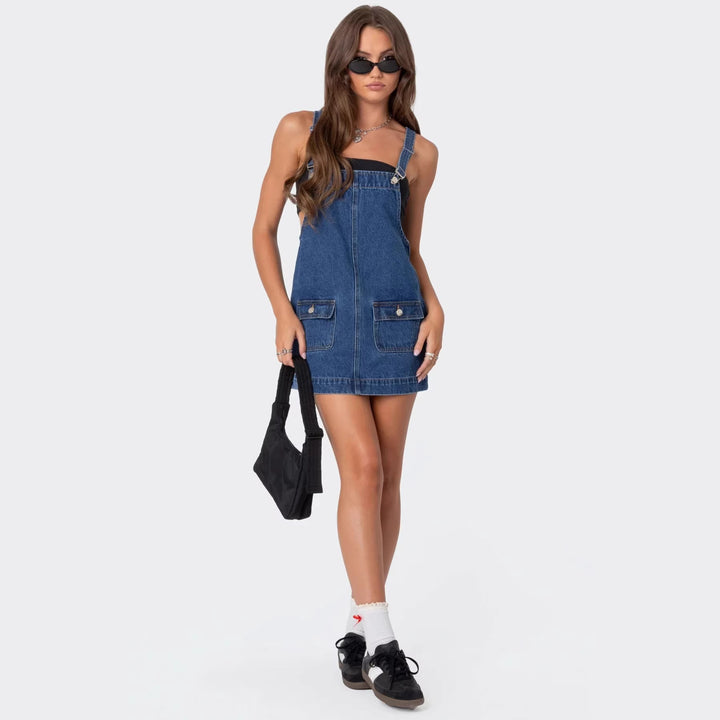 Damer Casual Jeanskjole med praktiske lommer og justerbare stropper Skovae