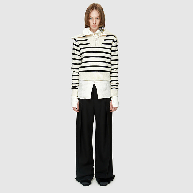 Dame sweater med struktureret krave og stribet design Stilla