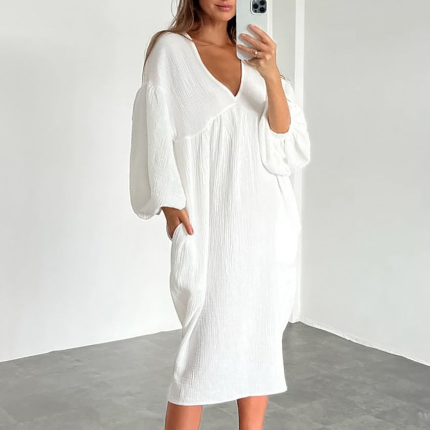 Dame afslappet oversized kjole med voluminøse ærmer og V-udskæring Stilla
