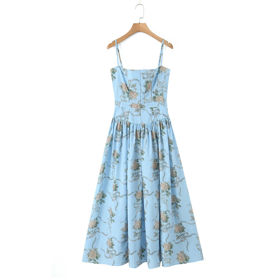 Dame Midi-kjole med floral vintage-design og justerbare spaghetti-stropper Stilla