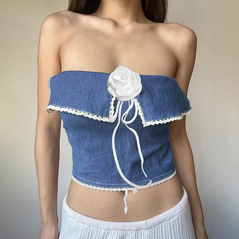 Dame Crop-Top med blomsterapplikation og dekorativ skæring Stilla