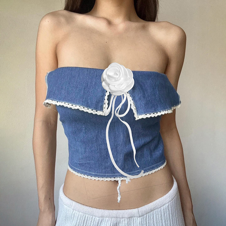 Dame Crop-Top med blomsterapplikation og dekorativ skæring Stilla
