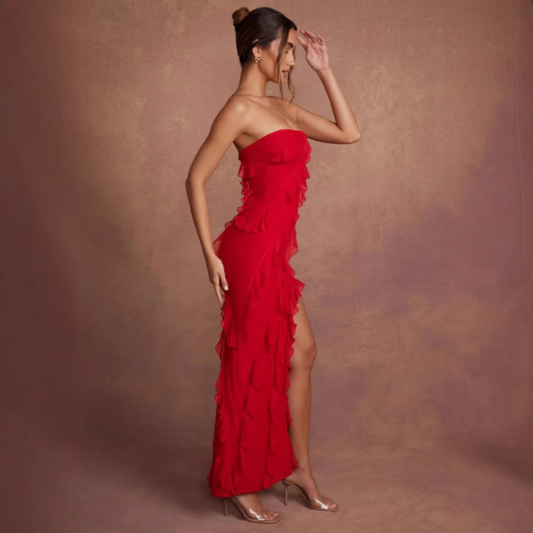 Dame Off-Shoulder Minikjole med asymmetrisk volangkant Skovae