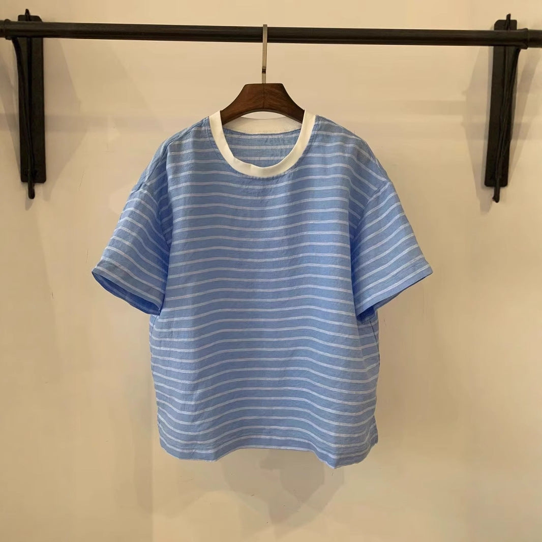 Dame Stribet Bomulds-T-Shirt med Kontrastbetræk Stilla