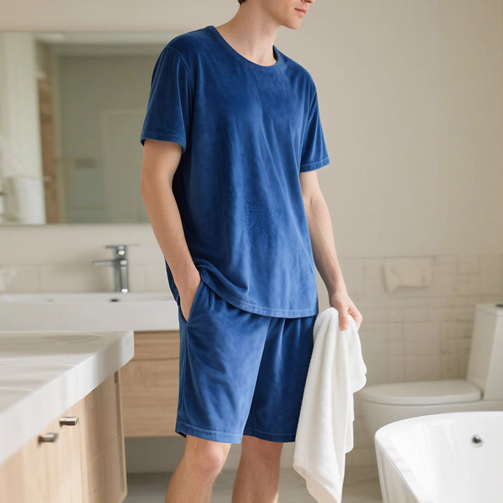 Herren nan Samtvelours Lounge-Sæt med Rundhals-Kortærmet T-shirt og Snorshorts Skovae