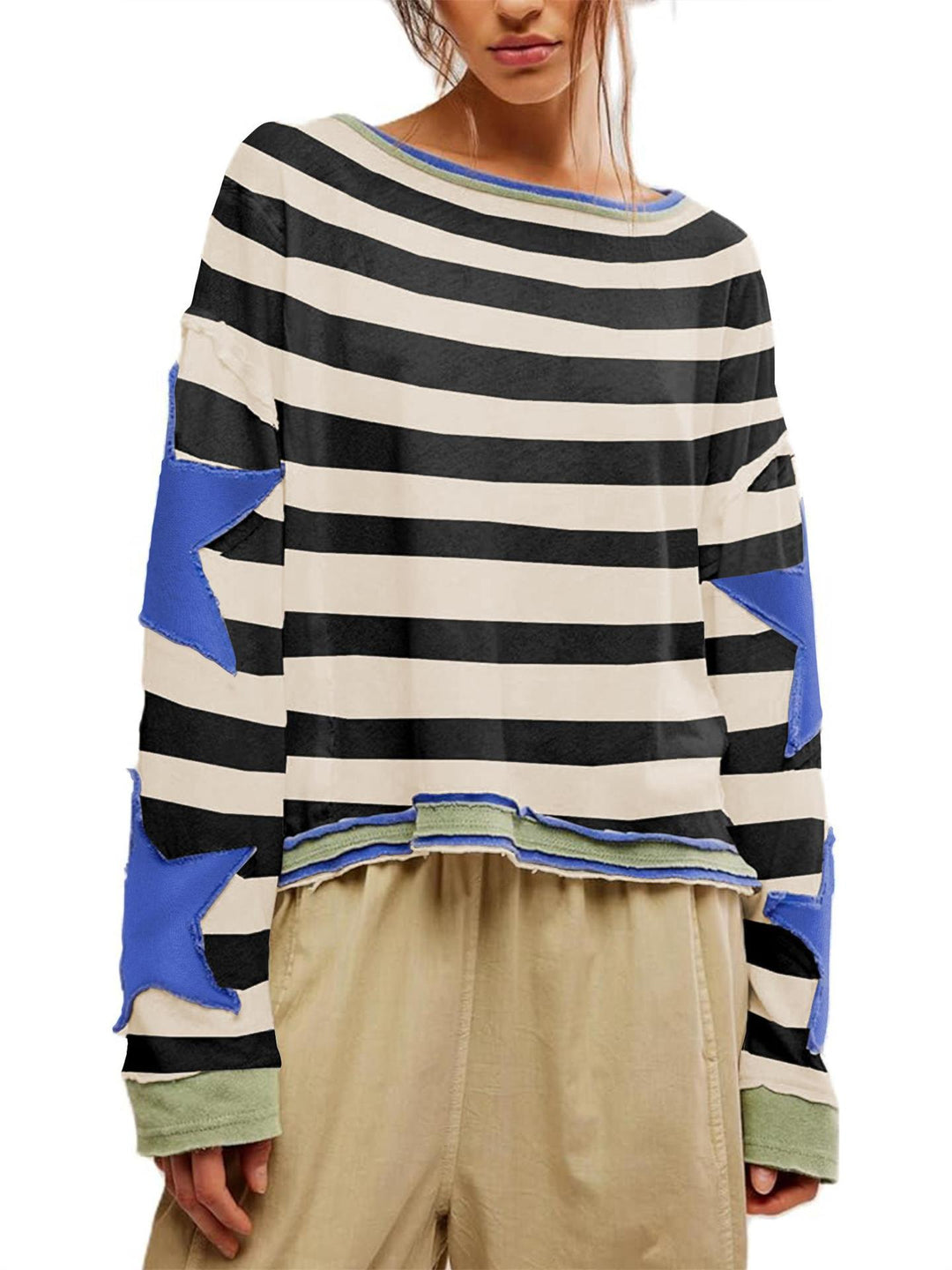 Dame Casual Sweatshirt med stribet design og stjerneapplikationer Stilla