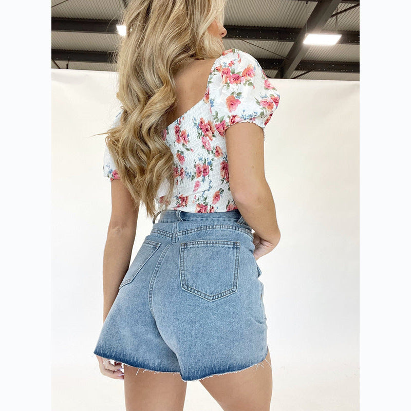 Dame kortjeans med højt talje og dekorativt blomsterdesign Stilla