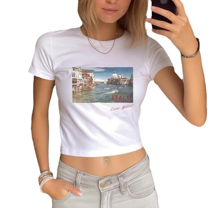 Dame Crop-T-Shirt med kreativt øjenmotiv og tourtryk Skovae
