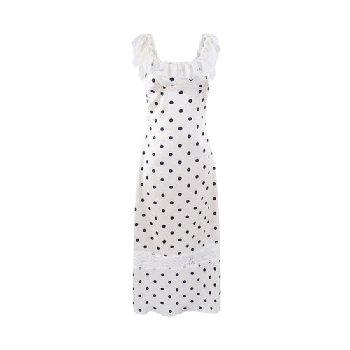 Dame polka-dot kjole med flæsedetaljer og spidse accenter Stilla