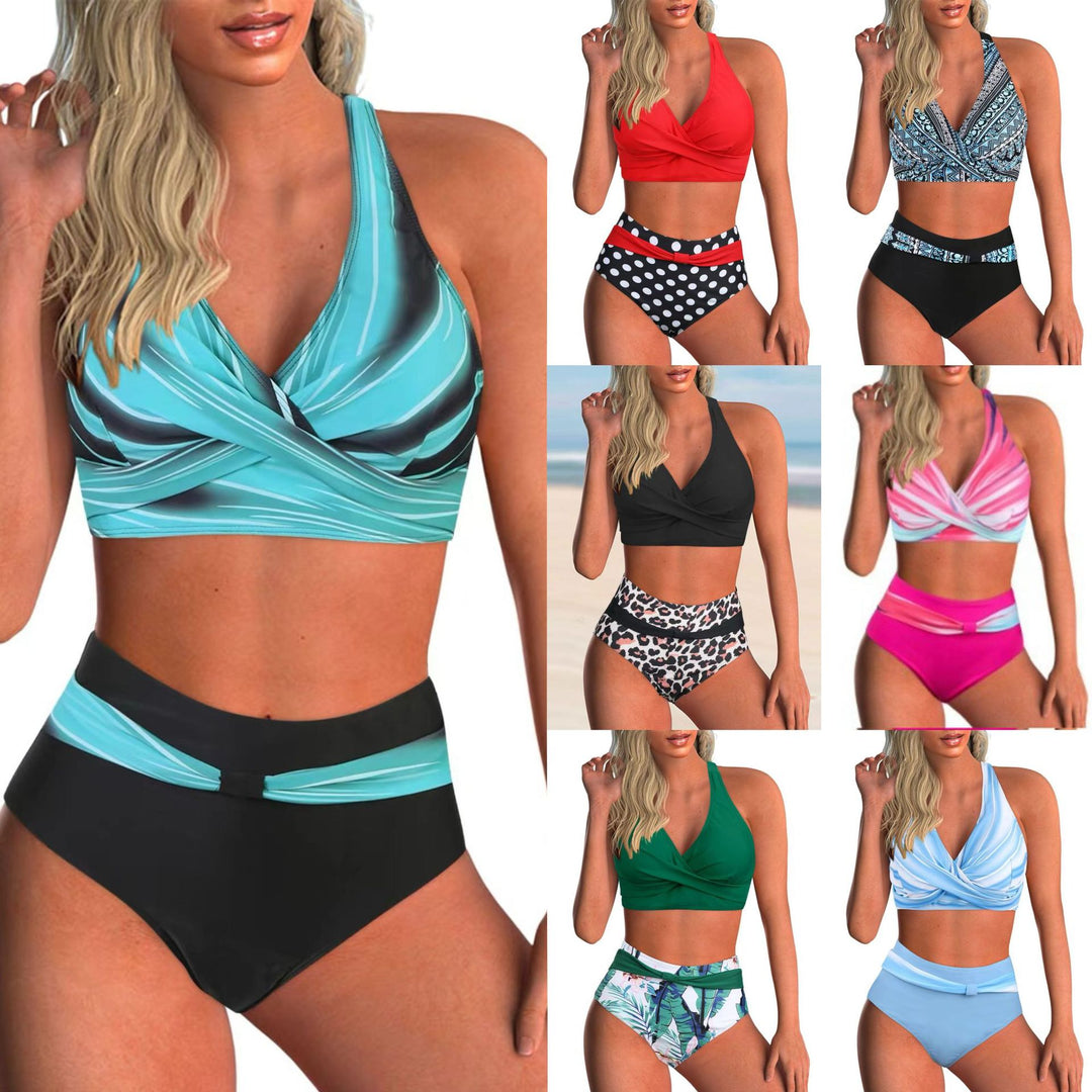 Dame Højskåret Bikini-sæt med elegant V-wrap-top og Comfort-bund Skovae
