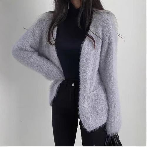 Dame Fluffy Cardigan med Åben Front og Praktiske Lommer Stilla