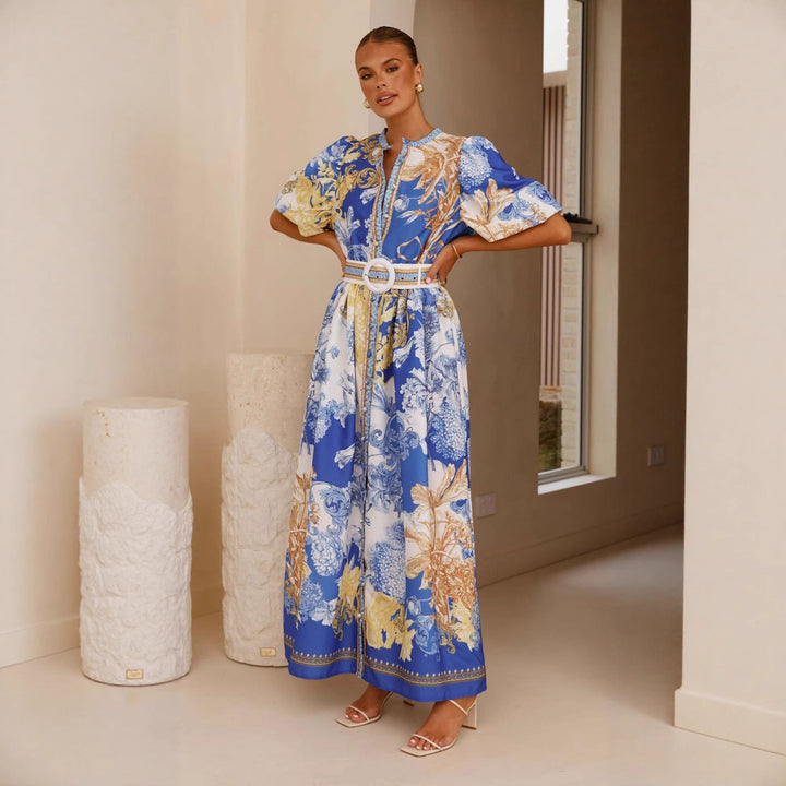 Dame Maxikjole med floral knapliste-design og figursyet bælte Stilla