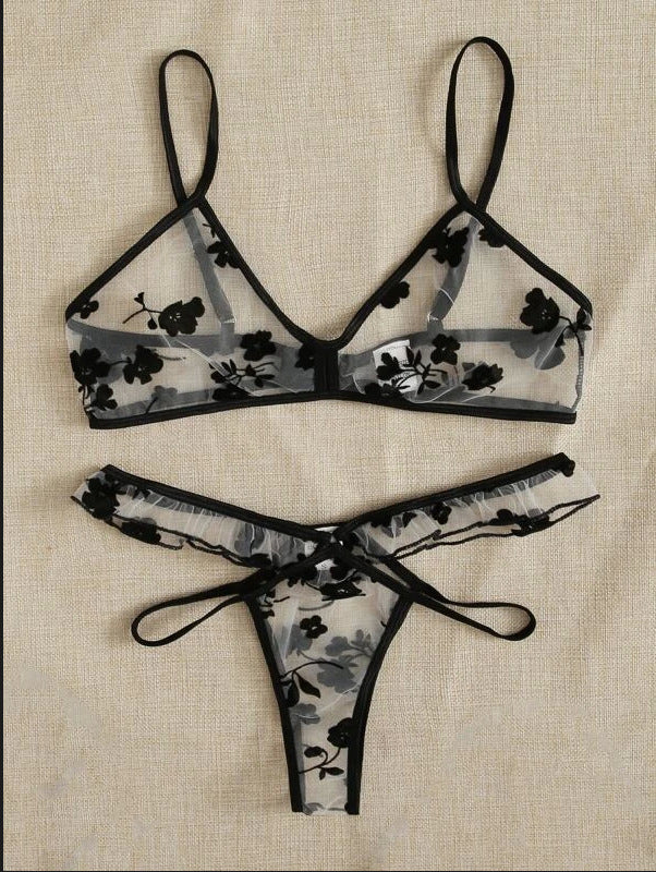 Dame floral broderet mesh undertøjsæt Stilla 1752573505