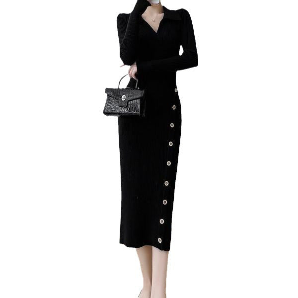 Kvinder Elegant Strik Kjole i Wrap Stil med Knap Detaljer og Fin Ribbet Tekstur Stilla