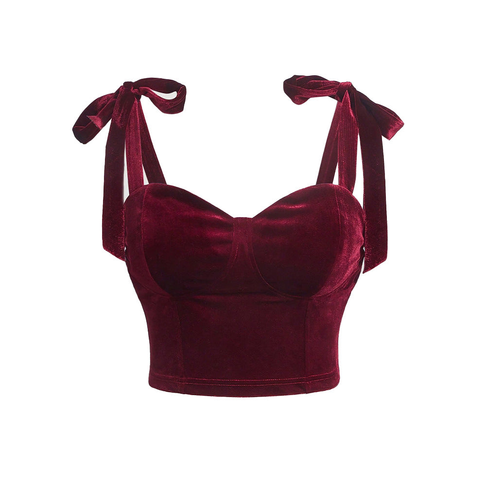 Dame Cropped Top i fløjlsagtigt materiale med dekorativ snørebånd Stilla