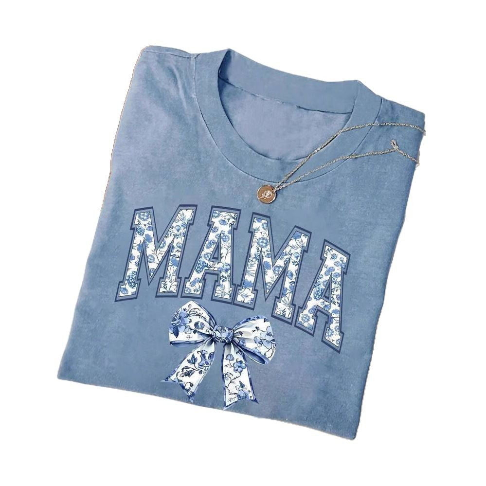 Dame T-shirt med blomster motiv og legende sløjfe dekoration Stilla