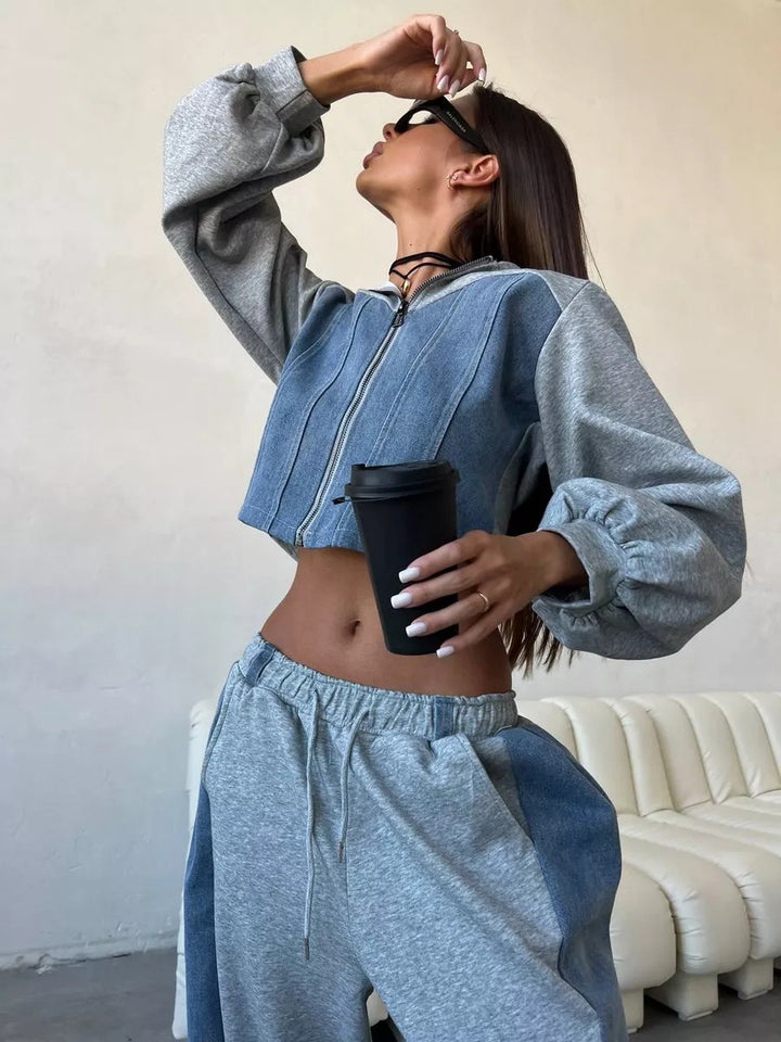 Kvindernes cropped sweatshirt jakke med ballon-formede ærmer og joggingbukser sæt Skovae