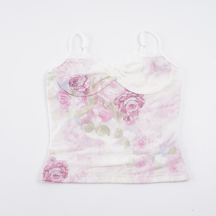Damer spids-båndtop med blomstertryk og sarte detaljer Skovae
