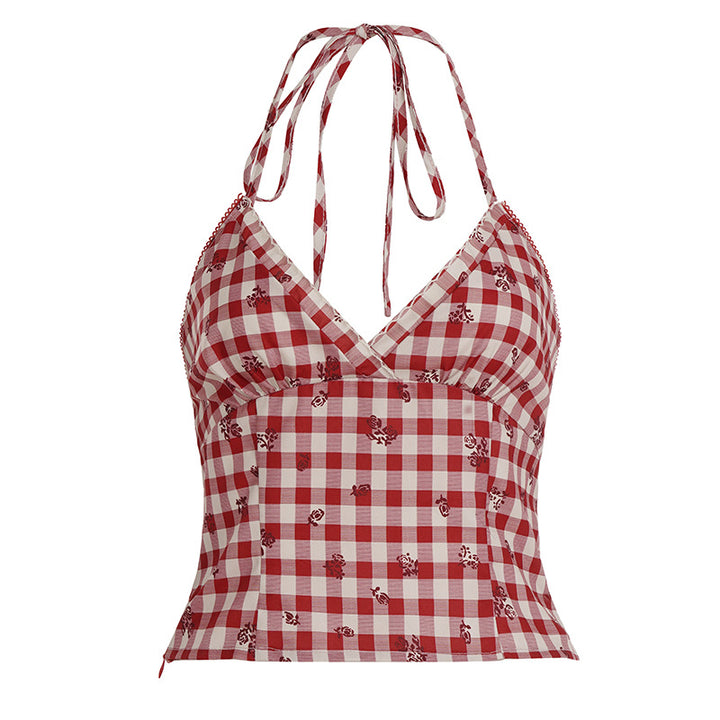 Dame Tartan-Bikini-top i vintage stil med spaghetti stropper og ekstra blomster mønster Skovae