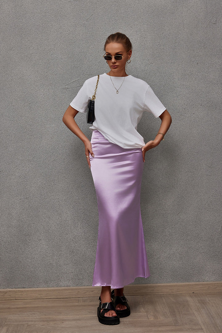 Dame Elegant Maxi Skirt i skinnende satin med høj slids Skovae