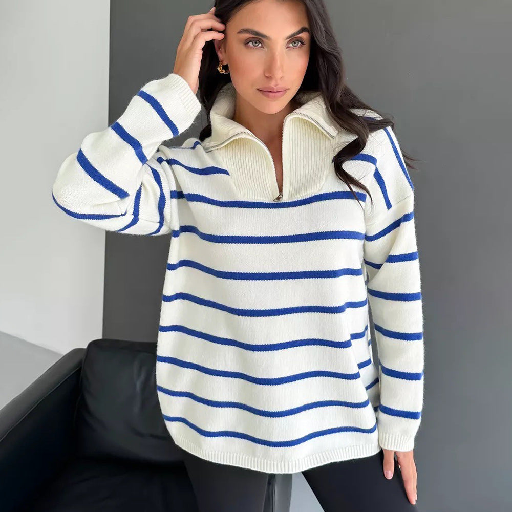 Femme Stribet Fjerde-Zipper Strikkegenser Stilla