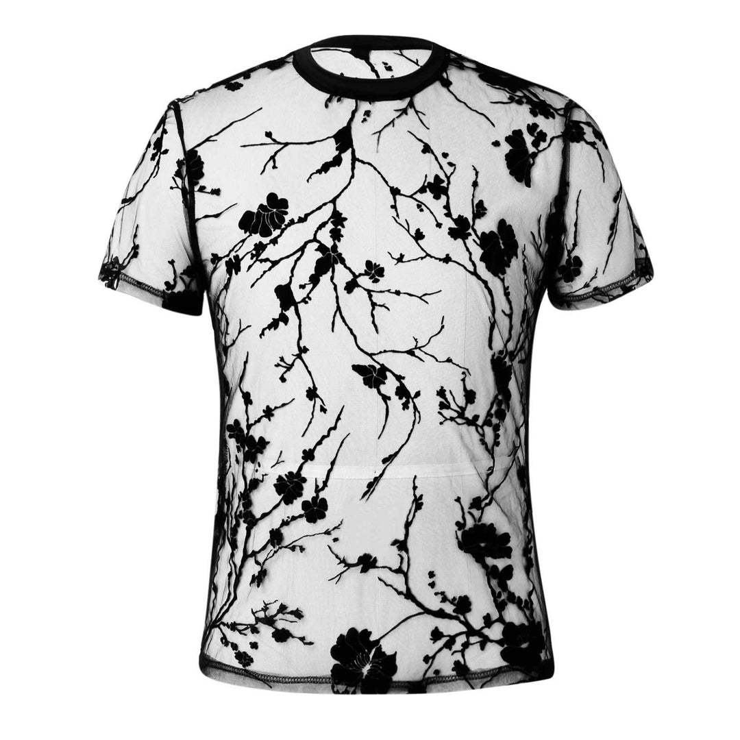 Damer nan transparent net-top med blomster velour broderi og rund halsudskæring Skovae