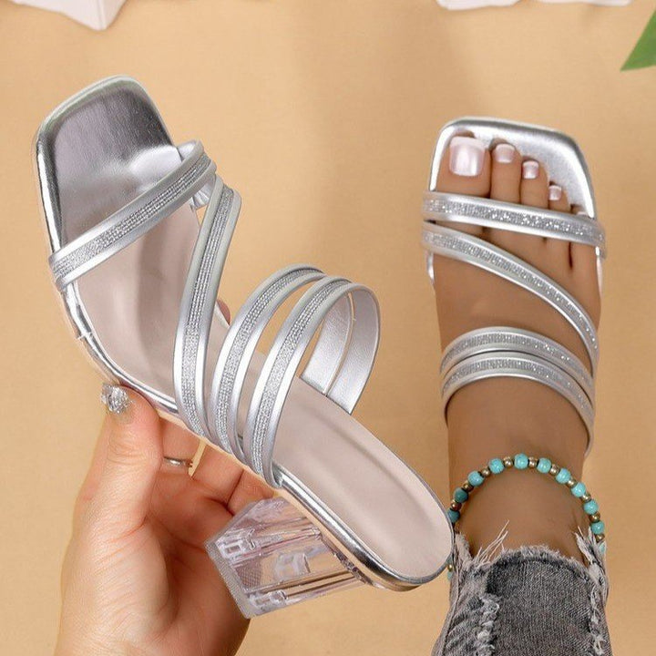 Dame elegante blokhælms-sandaletter med glitrende remme Stilla