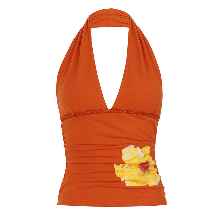 Dame Halter-Top med blomsterdesign og rynkning Skovae